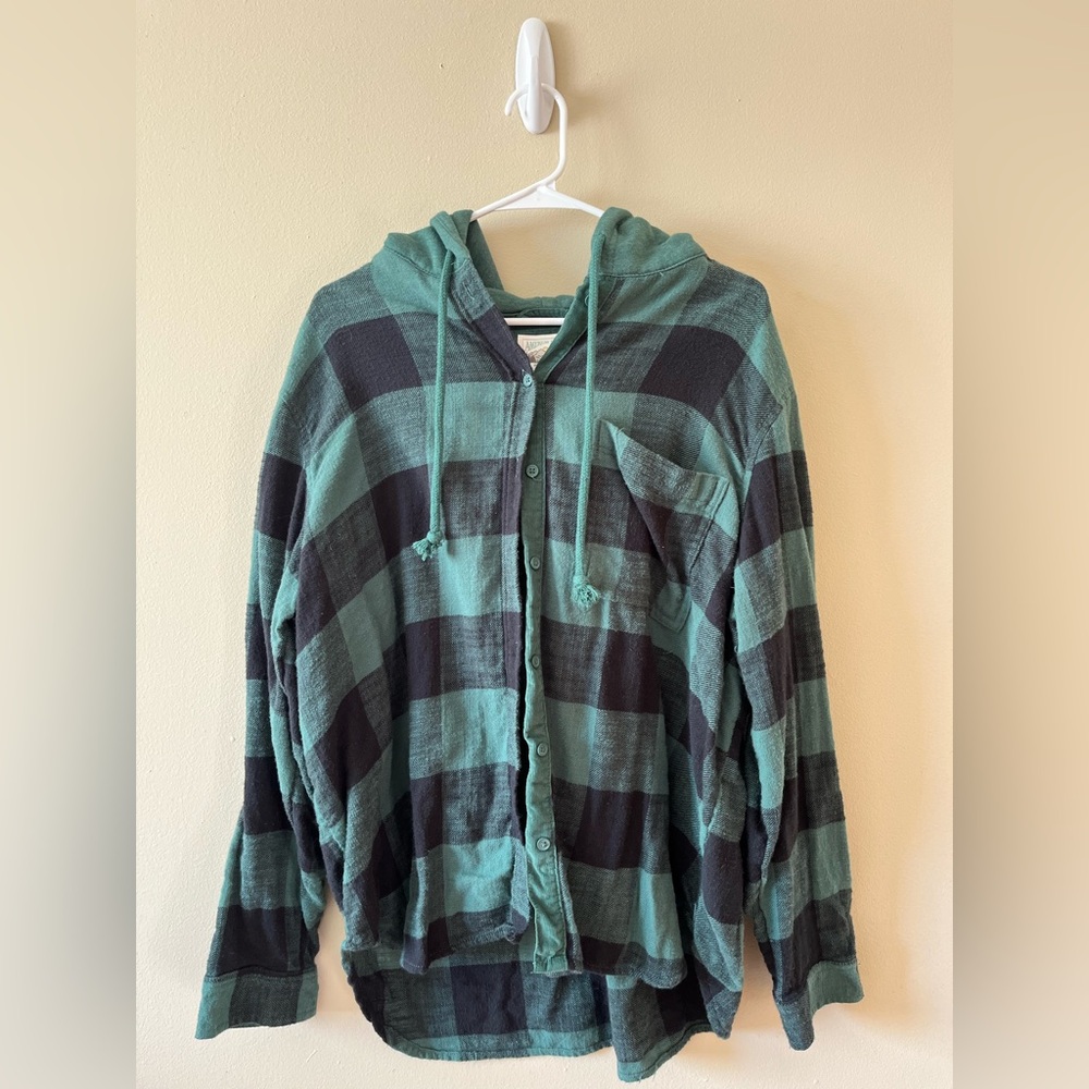 American Eagle 100% Cotton Hooded Button-up Flannel
